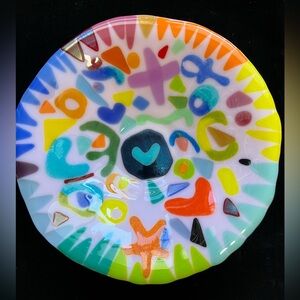 Happy Heart Bowl”Fused Art Glass Design Original Handmade Pink  9”x4” OOAK